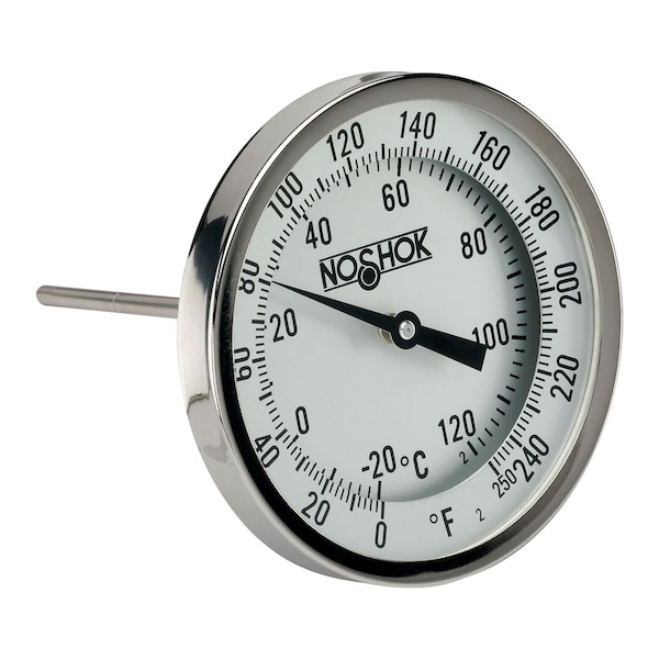 3" Bimetal Thermometer, 1/2" NPT Back Conn, 2.5" Stem Length, 0/200 F/C, .250" Diameter